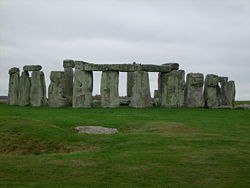 Stonehenge from the heelstone in 2007 with the 'Slaughter Stone' in the foreground