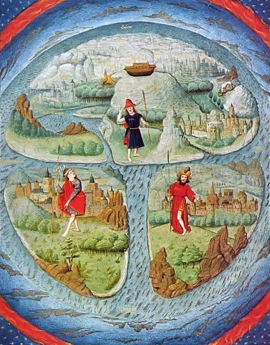 15th century adaptation of a T and O map. This kind of medieval mappa mundi illustrates only the reachable side of a round Earth, since it was thought that no one could cross a torrid clime near the equator to the other half of the globe.