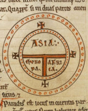 12th century T and O map representing the inhabitated world as described by Isidore of Seville in his Etymologiae. (chapter 14, de terra et partibus).