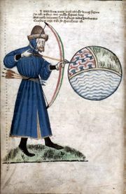 John Gower prepares to shoot the world, a sphere with compartments representing earth, air, and water (Vox Clamantis, around 1400).