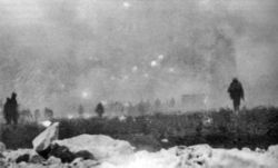 British infantry advancing through gas at Loos, 25 September 1915.