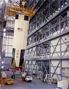 The first stage of Apollo 8 Saturn V being erected in the VAB on February 1, 1968