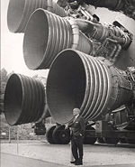 The F-1 engines of the S-IC first stage dwarf their creator, Wernher von Braun.