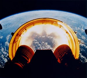 Still from film footage of Apollo 6's interstage falling away (NASA)
