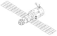 Mir Base Block with the five ports in a spherical node at the station’s forward end (left)
