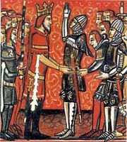 Roland pledges fealty to Charlemagne, Holy Roman Emperor.