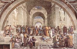 The School of Athens by Raphael: Contemporaries such as Michelangelo and Leonardo da Vinci (centre) are portrayed as classical scholars.