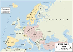 European military alliances during WWI: Central Powers purplish-red, Entente powers grey and neutral countries yellow