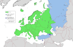 Europe according to a widely accepted definition: geographic Europe in green, and cultural Europe in dark blue (Asian parts of European states in light blue).