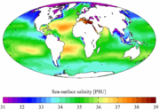 Annual mean sea surface salinity for the World Ocean.  Data from the World Ocean Atlas 2001.