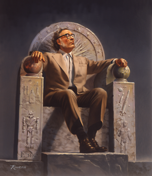 Rowena Morrill depicts Asimov enthroned with symbols of his life's work