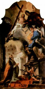 Pope Clement I prays to the Trinity, in a typical post-Renaissance depiction by Gianbattista Tiepolo.