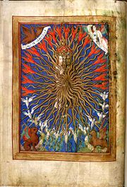 Trinity from a Book of Hours, an untypical depiction, with symbols of the Four Evangelists)