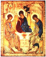 Old Testament Trinity icon by Andrey Rublev, c. 1400 (Tretyakov Gallery, Moscow)
