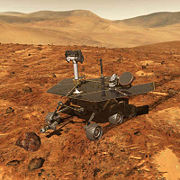 Computer-generated image of one of the two Mars Exploration Rovers which touched down on Mars in 2004.