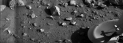 The first image transmitted by the Viking 1 Lander from the surface of Mars, showing the craft's footpad.