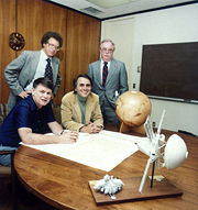 Planetary Society members at the organization's founding. Carl Sagan is seated second from the right.