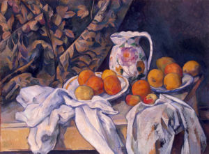 Still Life with a Curtain (1895) illustrates Cezanne's increasing trend towards terse compression of forms and dynamic tension between geometric figures.