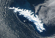 NASA satellite image of South Georgia Island covered with snow.