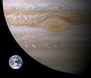 Approximate size comparison of Earth and Jupiter, including the Great Red Spot