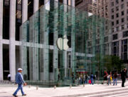The entrance of the Apple Store on Fifth Avenue in New York City is a glass cube, housing a cylindrical elevator and a spiral staircase that leads into the subterranean store.