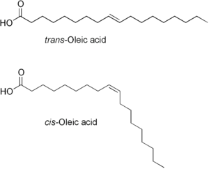Comparison of the trans isomer (top) and the cis-isomer of oleic acid.