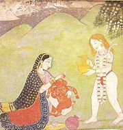 Shiva and Pārvatī giving a bath to Gaṇeśa. Kangra miniature, 18th century. Allahbad Museum, New Delhi.