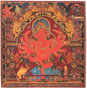 "Dancing Ganesh. Central Tibet. Early fifteenth century. Colours on cotton. Height: 68 centimetres". This form is also known as Maharakta ("The Great Red One").