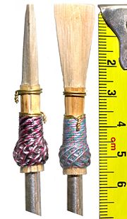 Bassoon reeds are usually around 5.5 cm (2.2 in) in length and wrapped in string.