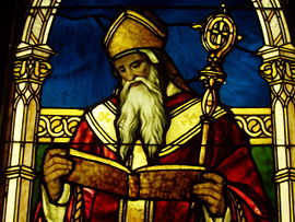 Detail of St. Augustine in a stained glass window by Louis Comfort Tiffany in the Lightner Museum, St. Augustine, Florida.
