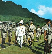 Colonial Governor of the Seychelles inspecting police guard of honour in 1972
