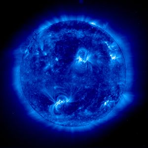 False-color image of the solar corona as seen in deep ultraviolet light at 17.1 nm by the Extreme ultraviolet Imaging Telescope instrument aboard the SOHO spacecraft