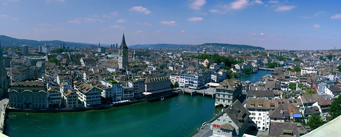 View on Zurich from the Grossmünster church. Shows the river as well as St. Peter's Church.