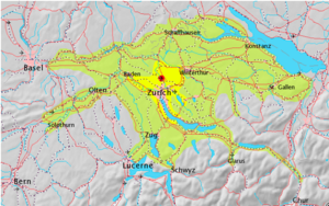 the approximate extent of Greater Zürich Area is marked in green.