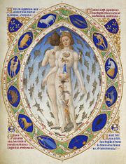 15th century image from the Très Riches Heures du Duc de Berry showing believed relations between areas of the body and the zodiacal signs.
