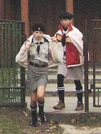 Girl Guides in front of a Catholic church in Łosiniec, Poland.