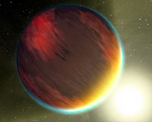 Artist's depiction of the extrasolar planet HD 209458 b orbiting its star