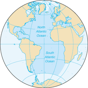 The Atlantic Ocean, not including Arctic and Antarctic regions.