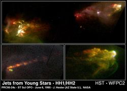 HH objects HH1 and HH2 lie about a light year apart, symmetrically opposite a young star which is ejecting material along its polar axis