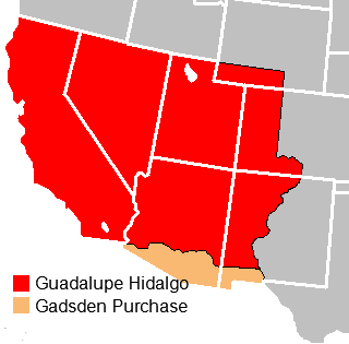The Mexican Cession (in red) was acquired through the Treaty of Guadalupe Hidalgo. The Gadsden Purchase (in yellow) was acquired through purchase after Polk left office.