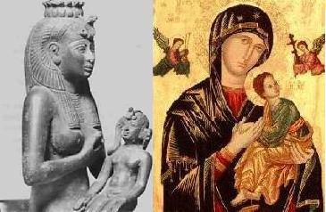 On the right is Our Mother of Perpetual Help, a famous medieval icon of Mary and Jesus; on the left is a bronze statue of Isis nursing Horus dating from the Ptolemaic era of Egypt.