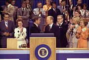Ronald Reagan on the podium with Gerald Ford at the 1976 Republican National Convention after narrowly losing the presidential nomination.