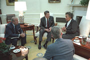 Reagan meets with Prime Minister Eugenia Charles of Dominica in the Oval Office about ongoing events in Grenada
