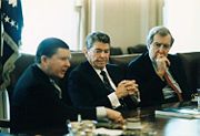 President Reagan receives the Tower Report in the Cabinet Room of the White House, 1987