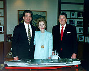 The Reagans with a model of the USS Ronald Reagan, May 1996