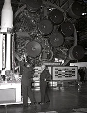 Wernher von Braun briefs President Eisenhower in front of a Saturn 1 vehicle at the Marshall Space Flight Center dedication on September 8, 1960.