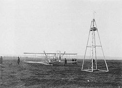 Wright Model A Flyer flown by Wilbur 1908-09 and launching derrick, France, 1909