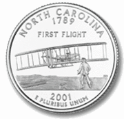 North Carolina 50 State Quarter features the famous first flight photo of the 1903 Wright Flyer I at Kitty Hawk, North Carolina