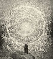 Dante and Beatrice see God as a point of light surrounded by angels; from Gustave Doré's illustrations to the Divine Comedy, Paradiso, Canto 28.