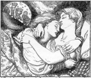 Illustration for the cover of Christina Rossetti's Goblin Market and Other Poems (1862), by Dante Gabriel Rossetti. Goblin Market used complex poetic diction in nursery rhyme form: "We must not look at goblin men, / We must not buy their fruits: / Who knows upon what soil they fed / Their hungry thirsty roots?"